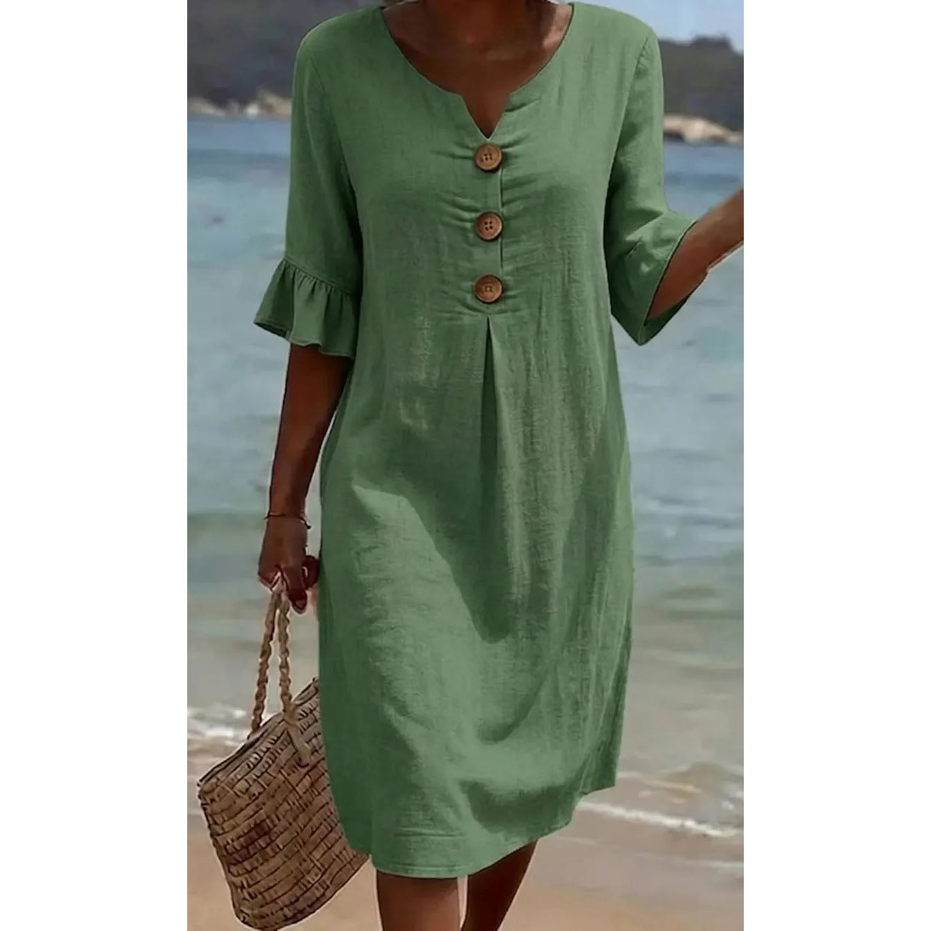 【S-3XL】Vestido de mujer de algodón y lino con mangas abullonadas y botones-E