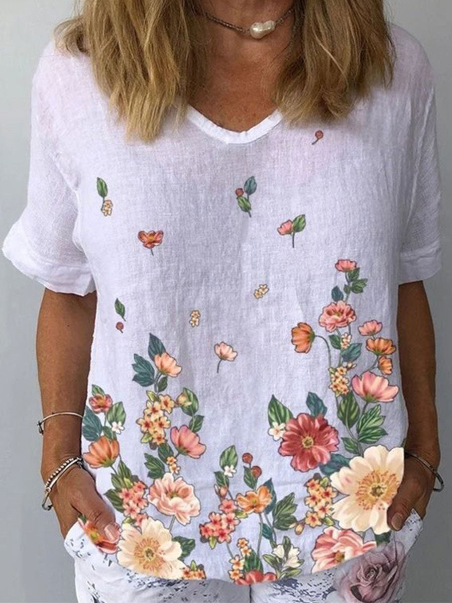 💐【Kup 1 dostań 1 za darmo】👕【S-5XL】🌈T-shirt z krótkim rękawem i bawełnianą lnianą nadrukiem w kwiaty