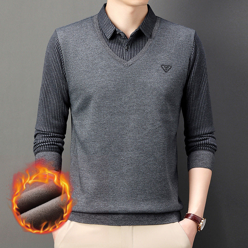 💥🔥【M-4XL】Есенно-зимна мъжка поло тениска с яка и дълъг ръкав Мъжка поло тениска от две части за средна възраст и възрастни