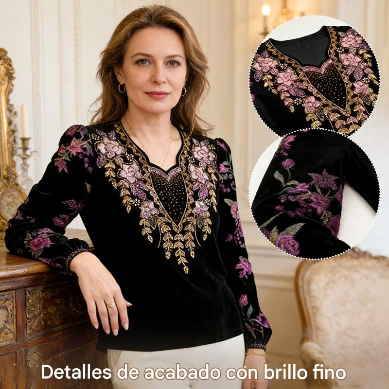 Camisa con estampado artístico de estilo retro y detalles bordados — Pago contra entrega