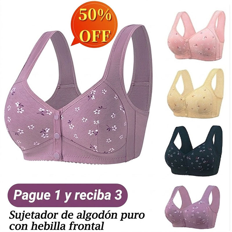 【4 piezas】Sujetador elegante de algodón puro con cierre frontal para mujeres de mediana edad