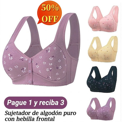 【4 piezas】Sujetador elegante de algodón puro con cierre frontal para mujeres de mediana edad