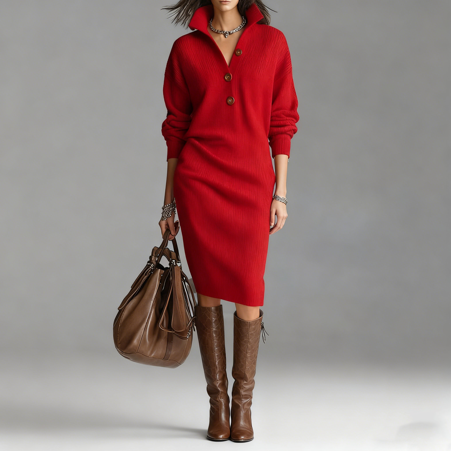 🔥🍁【S-3XL】2025 Nowa europejska i amerykańska sukienka dzianinowa z kołnierzykiem w nowym stylu