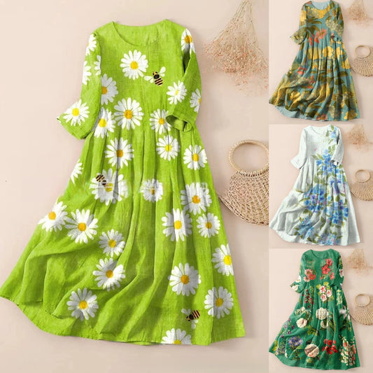 【S-3XL】🌼2024 nowa plisowana sukienka z okrągłym dekoltem i kwiatowym nadrukiem🌸3642425