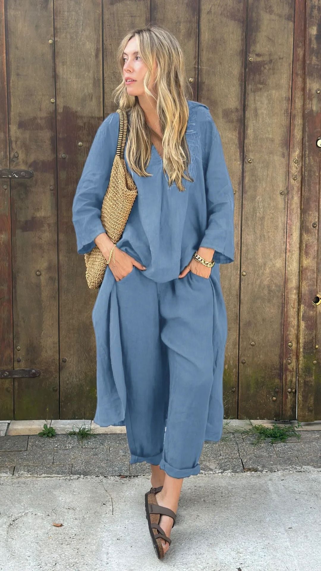 ✨✨【Top + Pantalones】Conjunto de camisa de algodón y lino de talla grande con pantalón holgado para mujer. ✅️Pago contra entrega