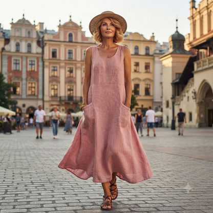 🌈👗【S-5XL】2026 Letnia, nowa, elegancka, jednokolorowa sukienka bez rękawów z okrągłym dekoltem, wykonana z bawełny i lnu.