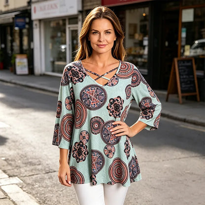 🎁Pago contra entrega✅️ Camiseta de verano para mujer, estampado retro, escote en V con tirantes cruzados en los hombros, tejido suave.
