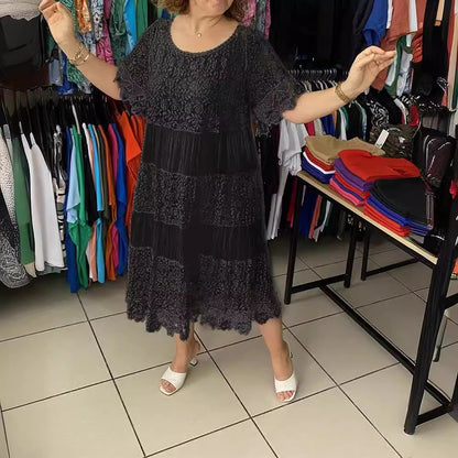 🔥【50%OFF】✨✨✨【S-5XL】2026Nuevo vestido camiseta de manga corta, cuello redondo y encaje.