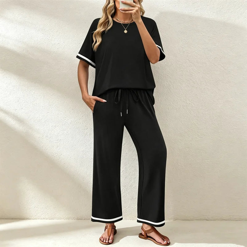 ✨Pago contra entrega✅️ Conjunto casual de dos piezas para mujer, camiseta de cuello redondo y pantalón de pierna ancha – Material suave, transpirable y elástico.