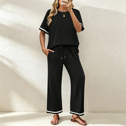 ✨Pago contra entrega✅️ Conjunto casual de dos piezas para mujer, camiseta de cuello redondo y pantalón de pierna ancha – Material suave, transpirable y elástico.