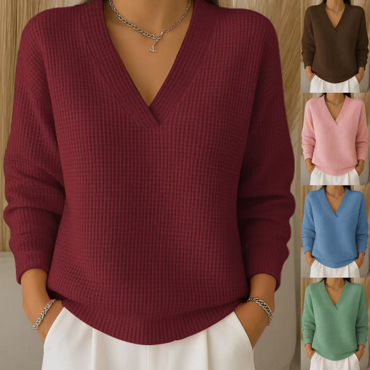 🔥【S-3XL】Elegantni enobarvni ženski top, sproščen in ohlapno pleten vaflji