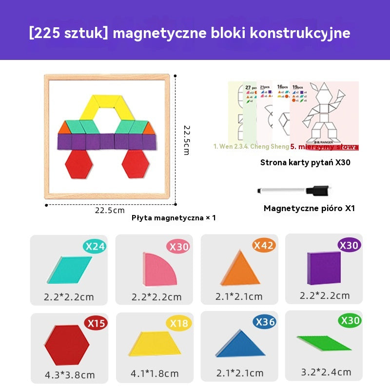 👶🌈🧩【225 elementów】🔥Magnetyczna drewniana układanka tangram, trening mózgu i zabawka edukacyjna dla dzieci, stymuluje myślenie