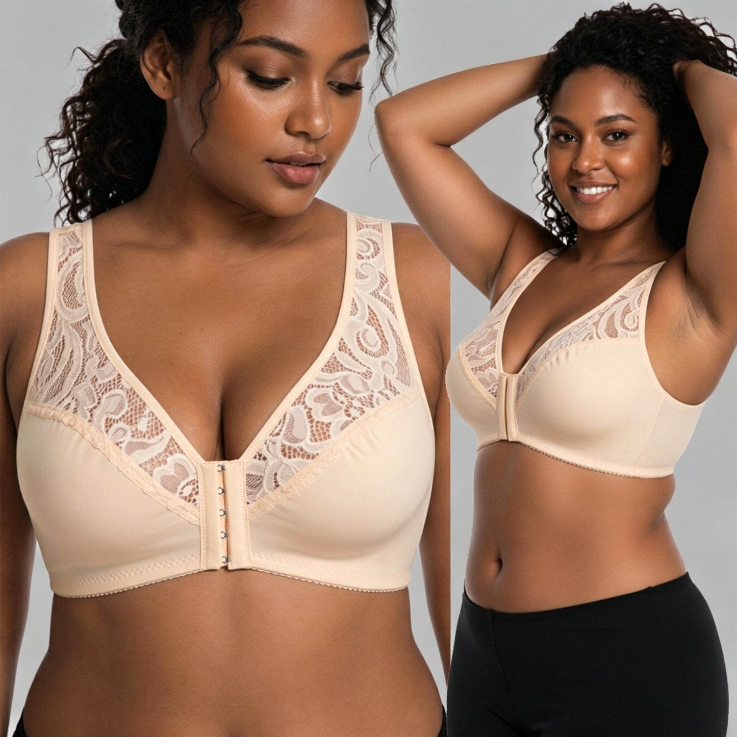 🔥👙【Conjunto de 3 piezas】【L-4XL】Sujetador push-up de encaje de tallas grandes, cierre frontal para poner y quitar fácilmente.