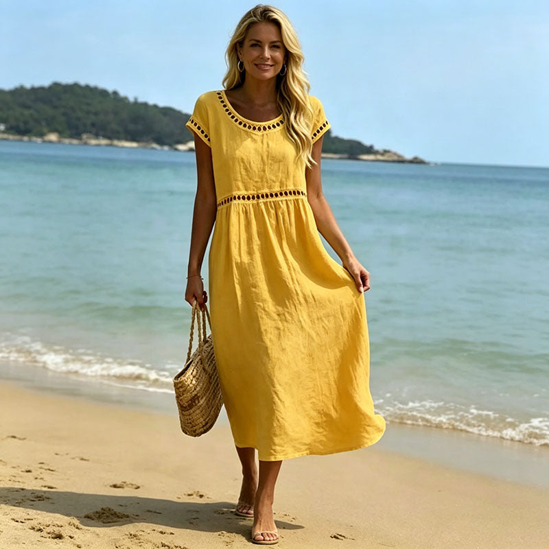 【Producto nuevo, 50% de descuento por tiempo limitado hoy!!】💎Alta calidad 2026💎【S-3XL】Vestido casual y elegante de algodón y lino con cuello redondo y bordado, transpirable, suave y cómodo