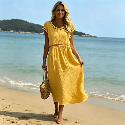【Producto nuevo, 50% de descuento por tiempo limitado hoy!!】💎Alta calidad 2026💎【S-3XL】Vestido casual y elegante de algodón y lino con cuello redondo y bordado, transpirable, suave y cómodo