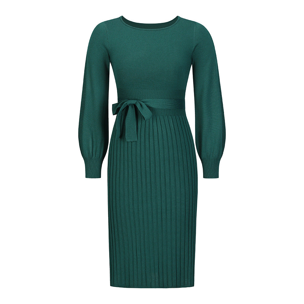 👗🔥 (Z paskiem) 2024 nowa jesienno-zimowa dzianinowa wąska plisowana sukienka midi-3807305