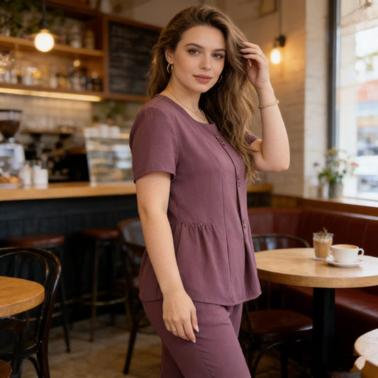 🔥 Дамски комплект от две части (топ + панталон) – Небрежен, елегантен, plus size, модерен стил, подходящ за зрели жени.