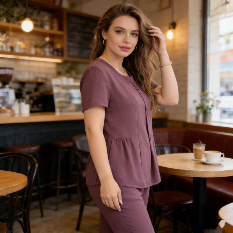 🔥 Дамски комплект от две части (топ + панталон) – Небрежен, елегантен, plus size, модерен стил, подходящ за зрели жени.