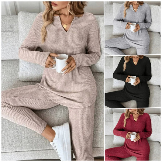 【S-3XL】Dámský ležérní plyšový žebrovaný úplet s dlouhým rukávem a legínami