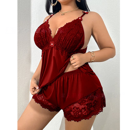 👗Compra 1 y obtén 1 gratis🌸 conjunto de pijama con camiseta sin mangas y pantalones cortos de encaje, tirantes ajustables y escote en V 🛏️✨