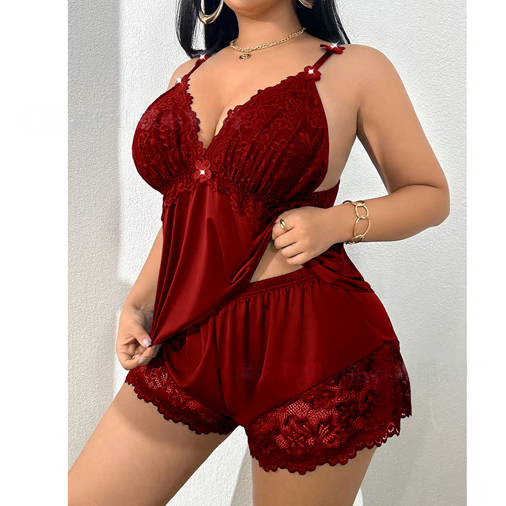 👗Compra 1 y obtén 1 gratis🌸 conjunto de pijama con camiseta sin mangas y pantalones cortos de encaje, tirantes ajustables y escote en V 🛏️✨