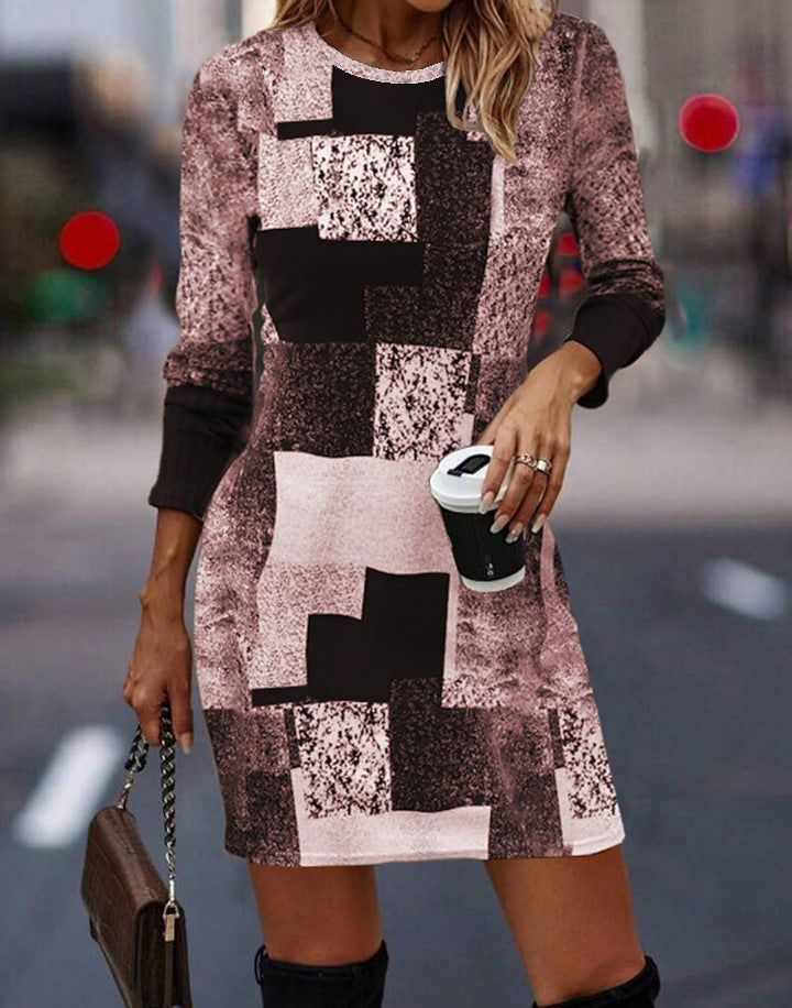 🔥💐🔥【S-3XL】Kontrastowa sukienka na co dzień z okrągłym dekoltem i długim rękawem