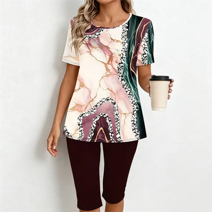🎁【Camiseta + pantalones】Conjunto informal de dos piezas para mujer con estampado de mármol, confeccionado en tejido suave, transpirable y elástico.✅️Pago contra entrega