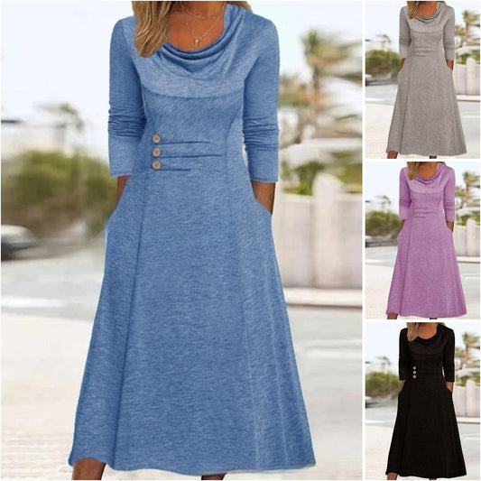 【S-3XL】👗 2024 нова едноцветна рокля с джоб с кръгло деколте