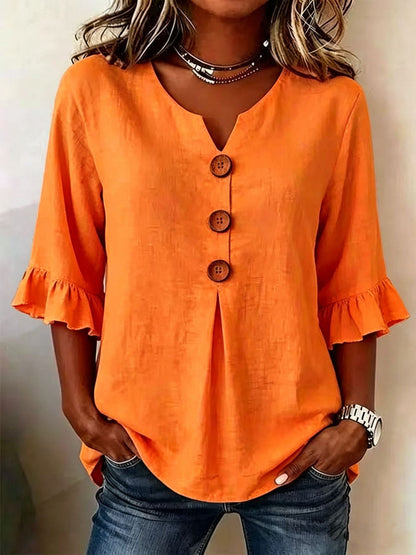 🔥【S-3XL】 Nueva camisa de mujer con cuello en V y volantes, mezcla de algodón y lino, cierre de botones: simple y elegante.