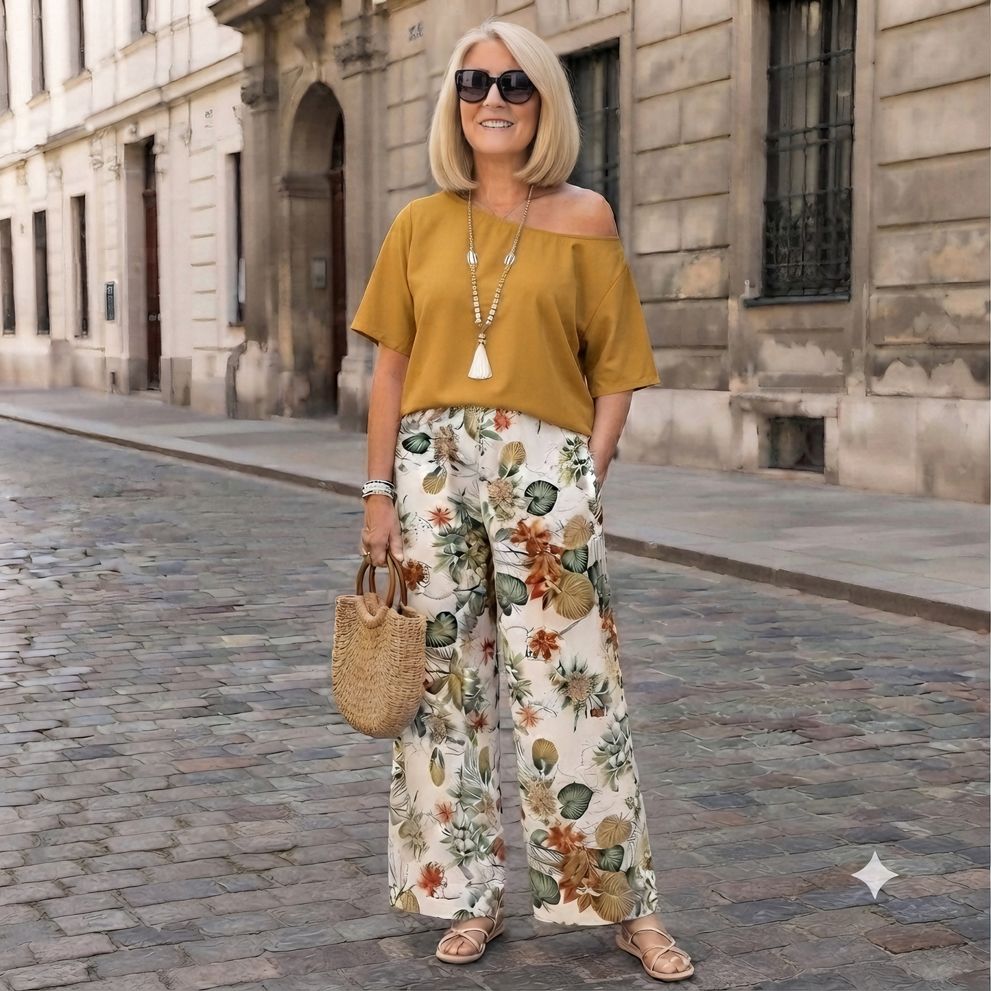 🎁【Moderno, Tallas grandes】Conjunto estampado de 2 piezas (blusa con hombros asimétricos + pantalón de pierna ancha)✅️Pago contra entrega