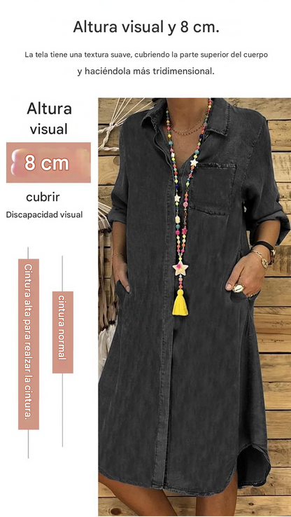 【S~5XL】🔥2026 Vestido vaquero de talla grande para mujer, vestido informal liso