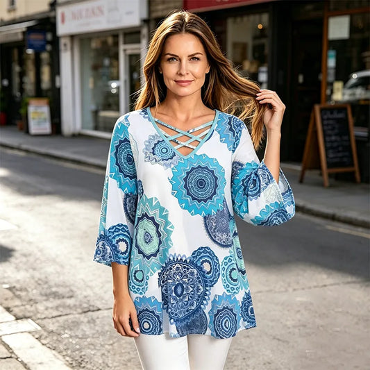 🎁Pago contra entrega✅️ Camiseta de verano para mujer, estampado retro, escote en V con tirantes cruzados en los hombros, tejido suave.