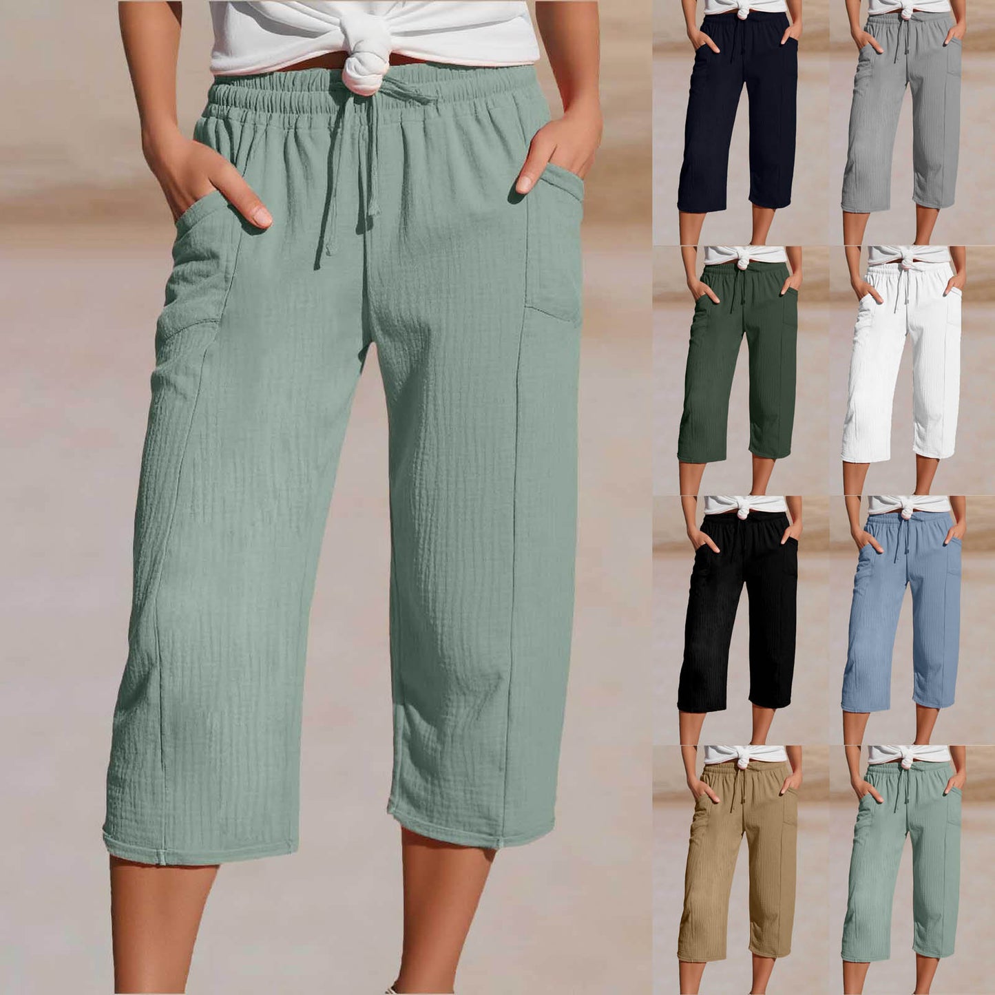🔥✨【50% zniżki】Nowe letnie damskie spodnie capri z plisami, wykonane z bawełny i lnu, w jednolitym kolorze