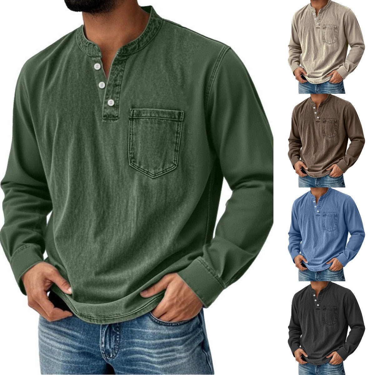 👔✅️【Descuento por tiempo limitado】【40-120 kg】🔥Camisa vaquera de manga larga con cuello en V para hombre, con bolsillo