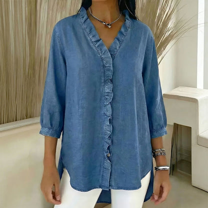 【S-3XL】Dámská ležérní džínová košile s výstřihem do V a volánky