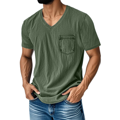 👔 50% de descuento🔥【40-120 kg】Camiseta vaquera informal y holgada con cuello en V y mangas cortas para hombre ✅️Pago contra entrega