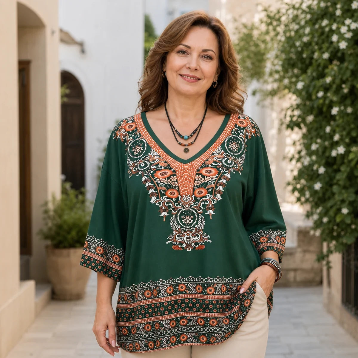 Elegancka bluzka damska z nadrukiem boho i dekoltem w serek, luźny krój, styl retro etniczny, cienki i modny materiał