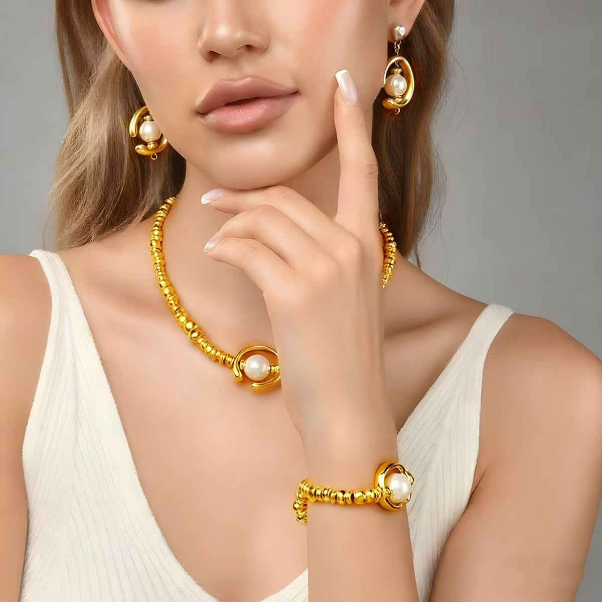 🔥✨【Naszyjnik + Kolczyki + Bransoletka】Zestaw biżuterii ze srebra próby 925, inkrustowany perłami, luksusowy design