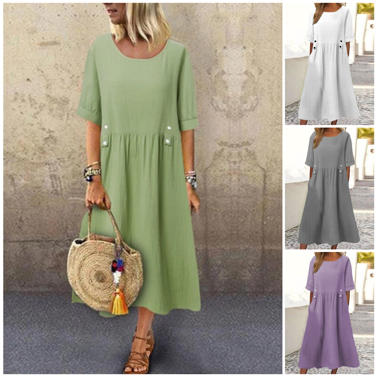 【🏆Gorąca wyprzedaż】👗Prosta i wykwintna sukienka w jednolitym kolorze-3694321