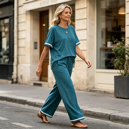 ✨Pago contra entrega✅️ Conjunto casual de dos piezas para mujer, camiseta de cuello redondo y pantalón de pierna ancha – Material suave, transpirable y elástico.