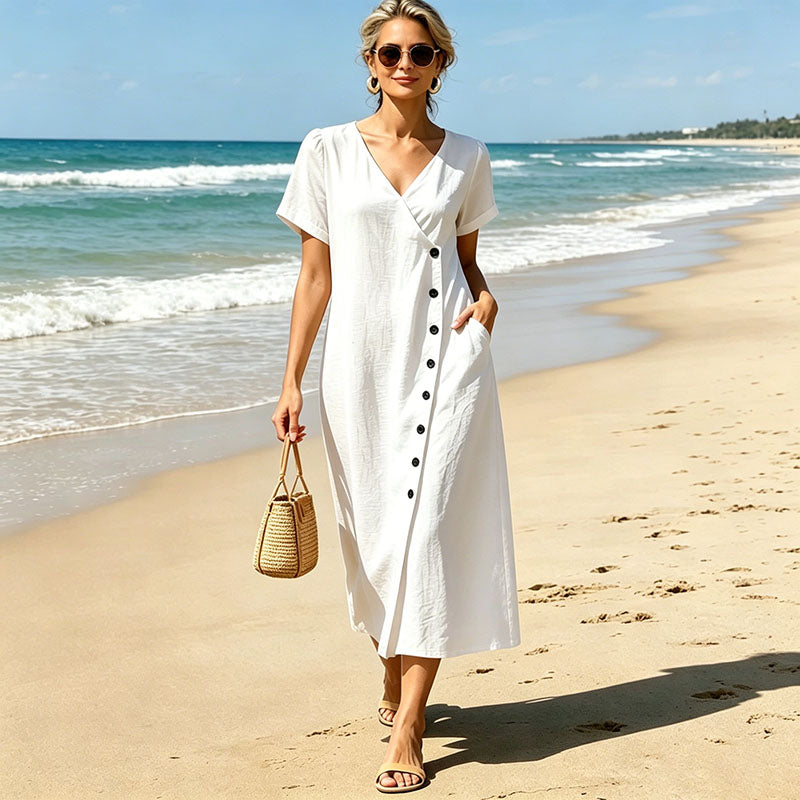 【S-3XL】Nuevo vestido de verano 2026 con escote en V, botones y diseño de color liso