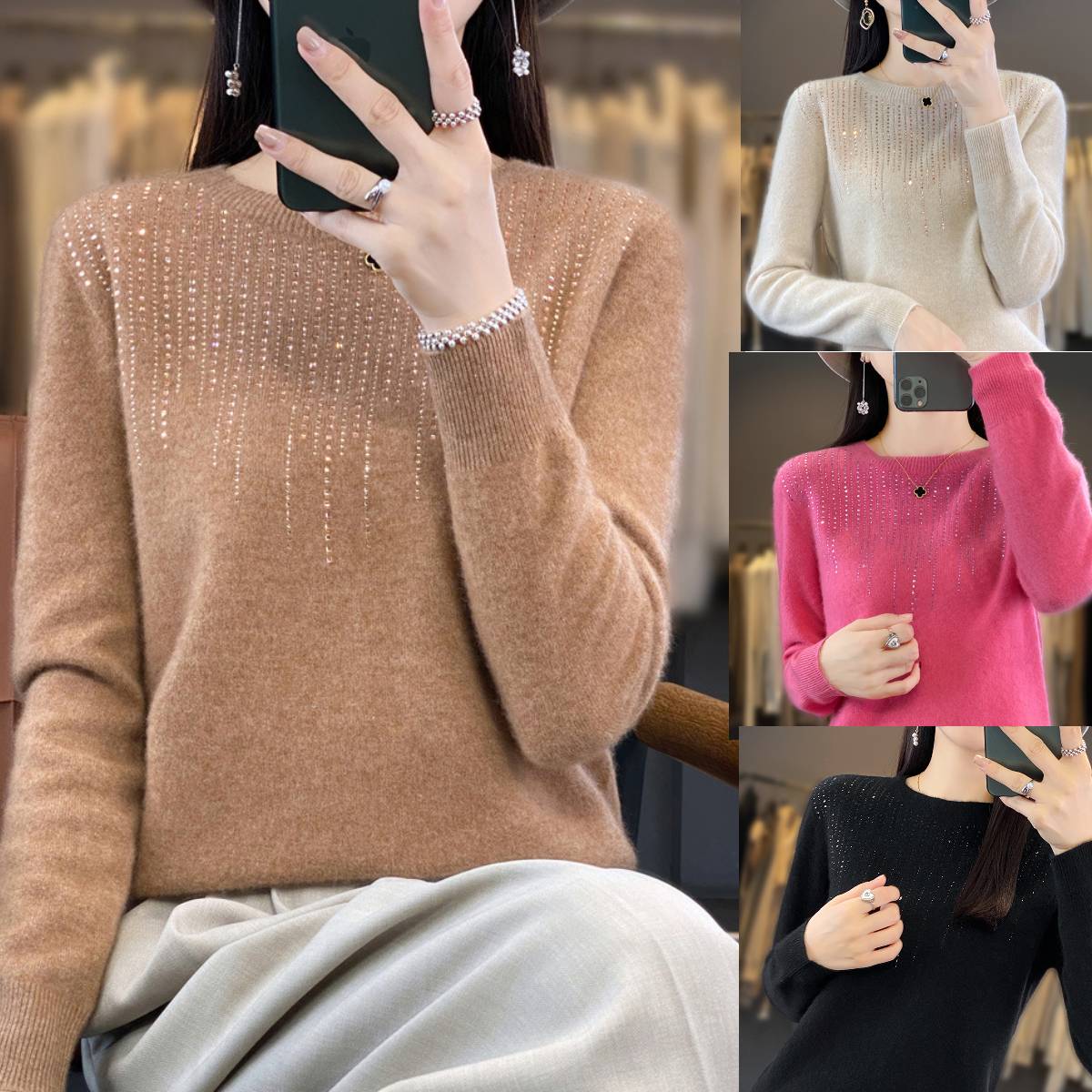 🔥🍁【Есенен нов】【S-2XL】✨🌷Висококачествен, модерен и елегантен дамски кадифен кардиган с кръгло деколте и бижута