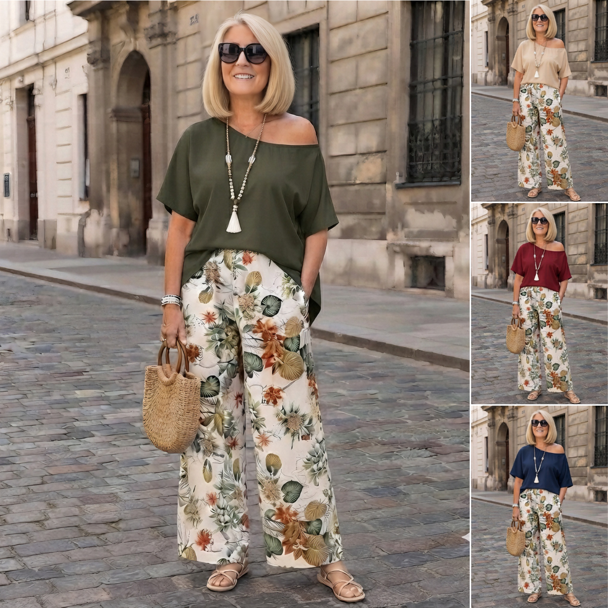 🎁【Moderno, Tallas grandes】Conjunto estampado de 2 piezas (blusa con hombros asimétricos + pantalón de pierna ancha)✅️Pago contra entrega