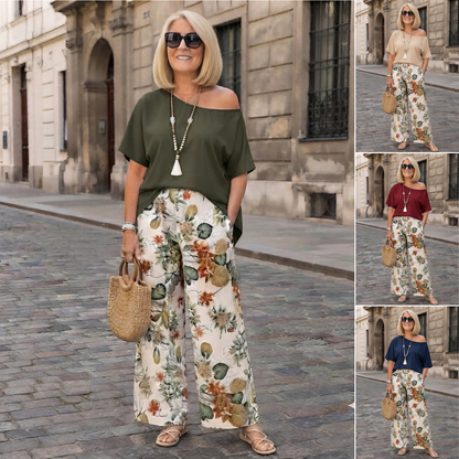 🎁【Moderno, Tallas grandes】Conjunto estampado de 2 piezas (blusa con hombros asimétricos + pantalón de pierna ancha)✅️Pago contra entrega