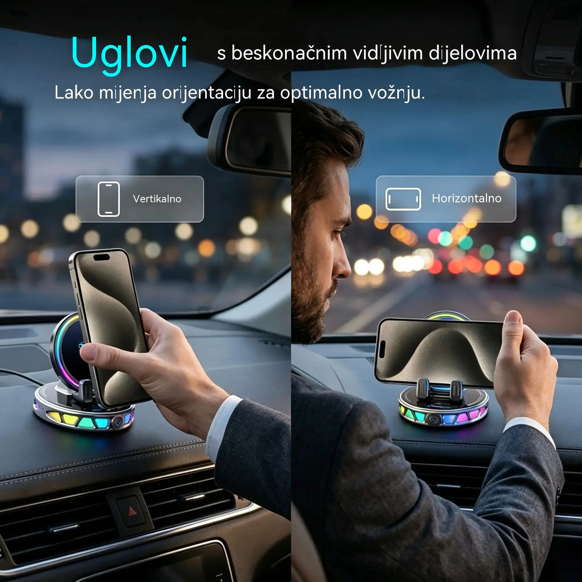 📱 RGB auto-nosač s automatskim stezanjem i bežičnim punjenjem od 15 W