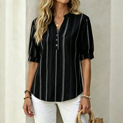 🔥👚 【50% de descuento】✨🎉Camisa de verano de manga corta de algodón y lino a rayas, tejido transpirable.