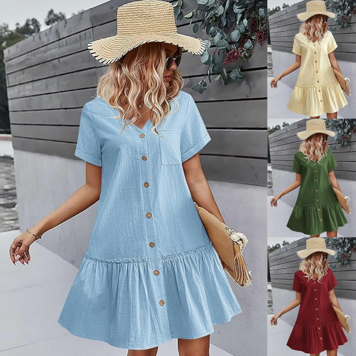 👗🎁 【S-2XL】2026 lato nowy styl modna luźna jednokolorowa sukienka z krótkim rękawem z bawełny i lnu zapinana na guziki
