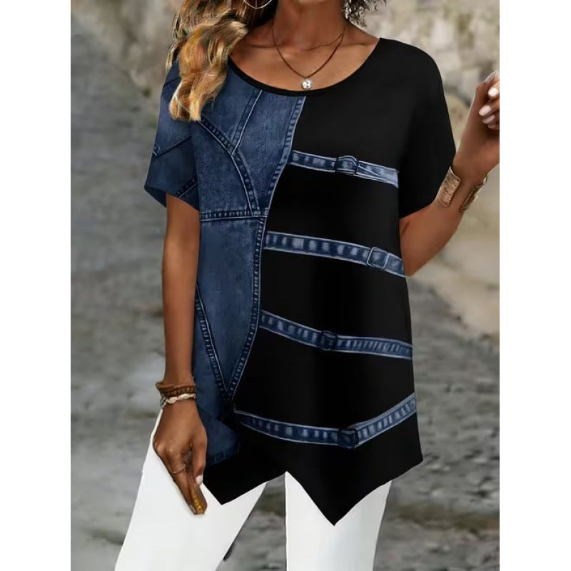 💎【S-5XL】Blusa de manga corta con estampado retro y bajo asimétrico.✅️Pago contra entrega