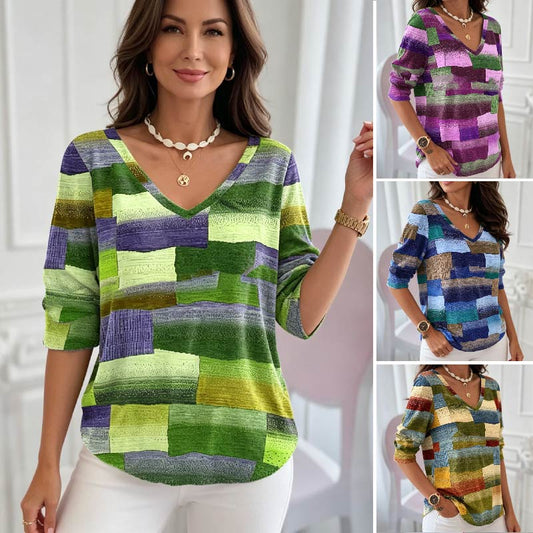 🔥🌷【S-5XL】Nueva blusa estampada con cuello en V para mujer – Tejido cómodo y transpirable