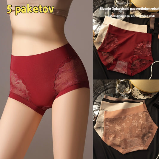 💥[5-delni komplet] Ženske visoko elastične brezšivne čipkaste hlačke s funkcijo za nadzor trebuha in dvig zadnjice